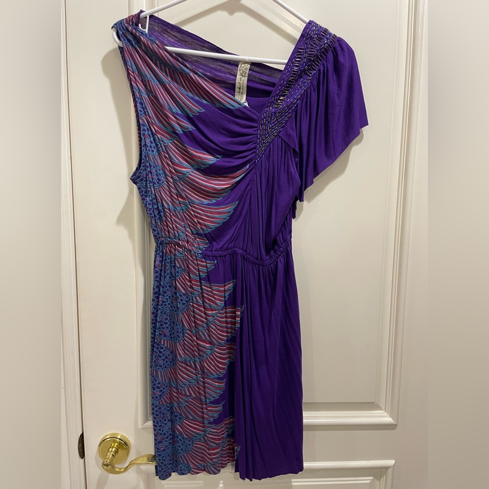 Free People Asymmetrical One-Shoulder Beaded Purple Printed Mini Dress Small NWT